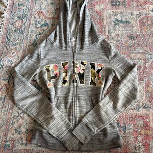 Vintage Victoria's secret PINK grey zip up hoodie with floral PINK graphic